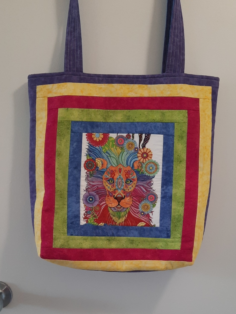 Handmade Colorful Lion Patchwork Tote Bag in Purple, Yellow, Green, Blue and Red
